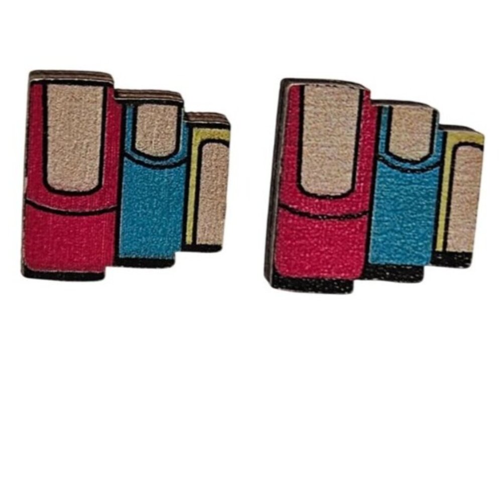 Colorful Wooden Bookshelf Stud Earrings Book Lover Bookish Library Jewelry Women